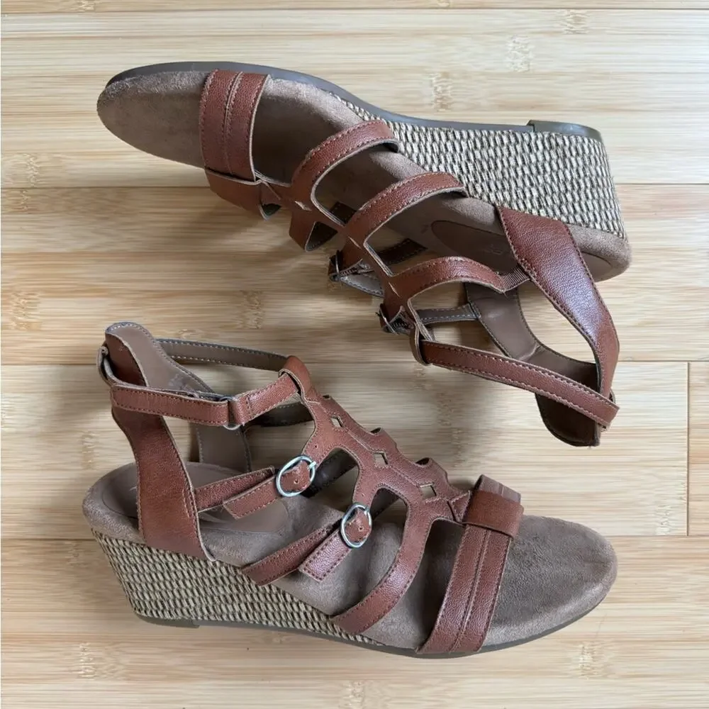 AEROSOLES HEEL REST BROWN LEATHER SPARKLE GLADIATOR ESPADRILLES WEDGES SIZE 9